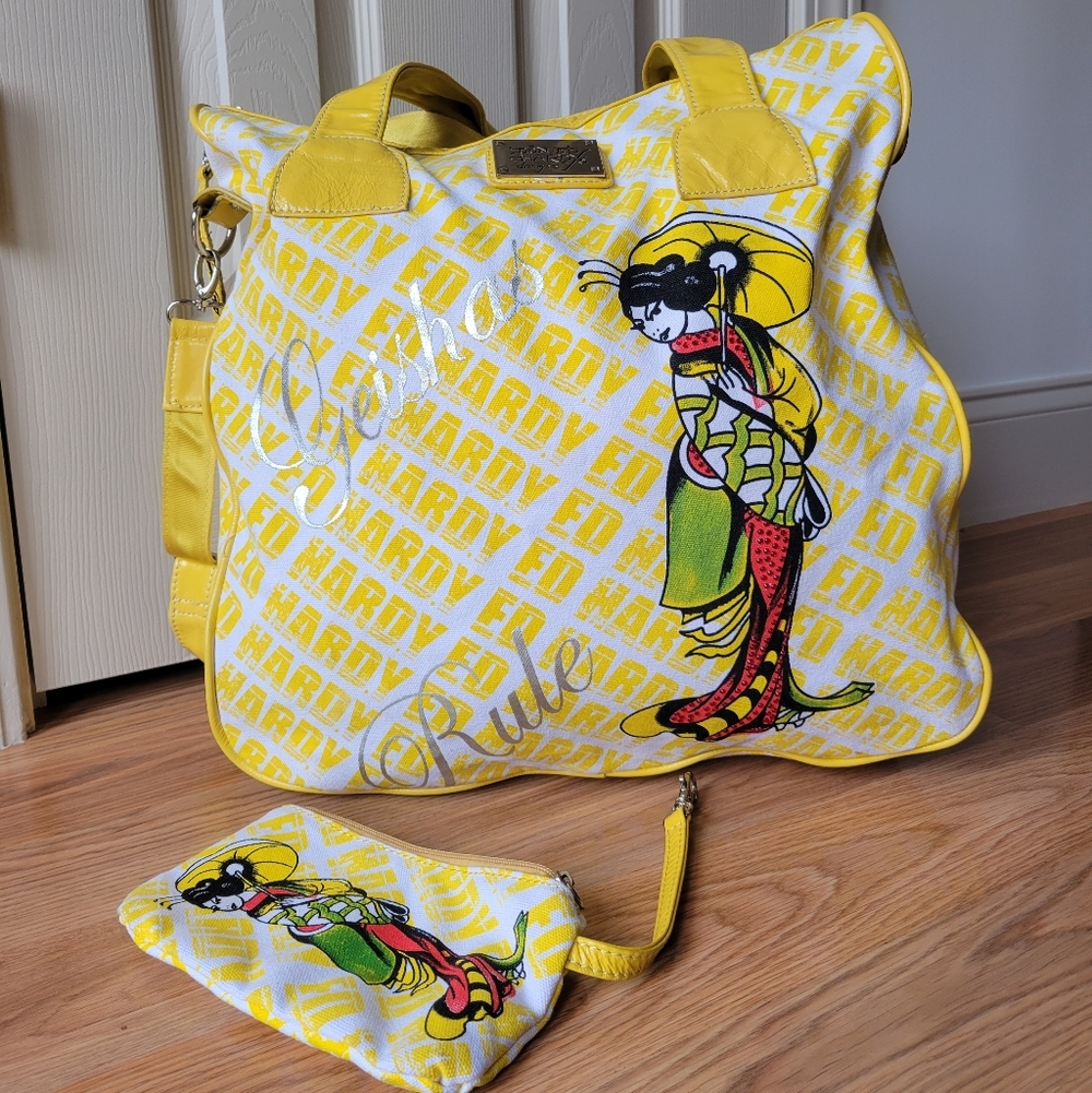 Ed Hardy Vintage 90s Y2K Rare Yellow Graphic Tote Weekender with Matching Pouch